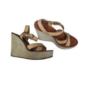 Miu Miu Tan Leather Suede Open Toe Strappy Wedge Sandals Size 37.5